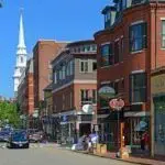 A street lined with shops in New Hampshire.